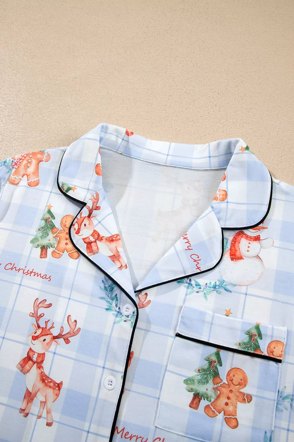 Light blue plaid Cartoon Christmas Pattern Shirt Top 2pcs Pajama Set — detail view