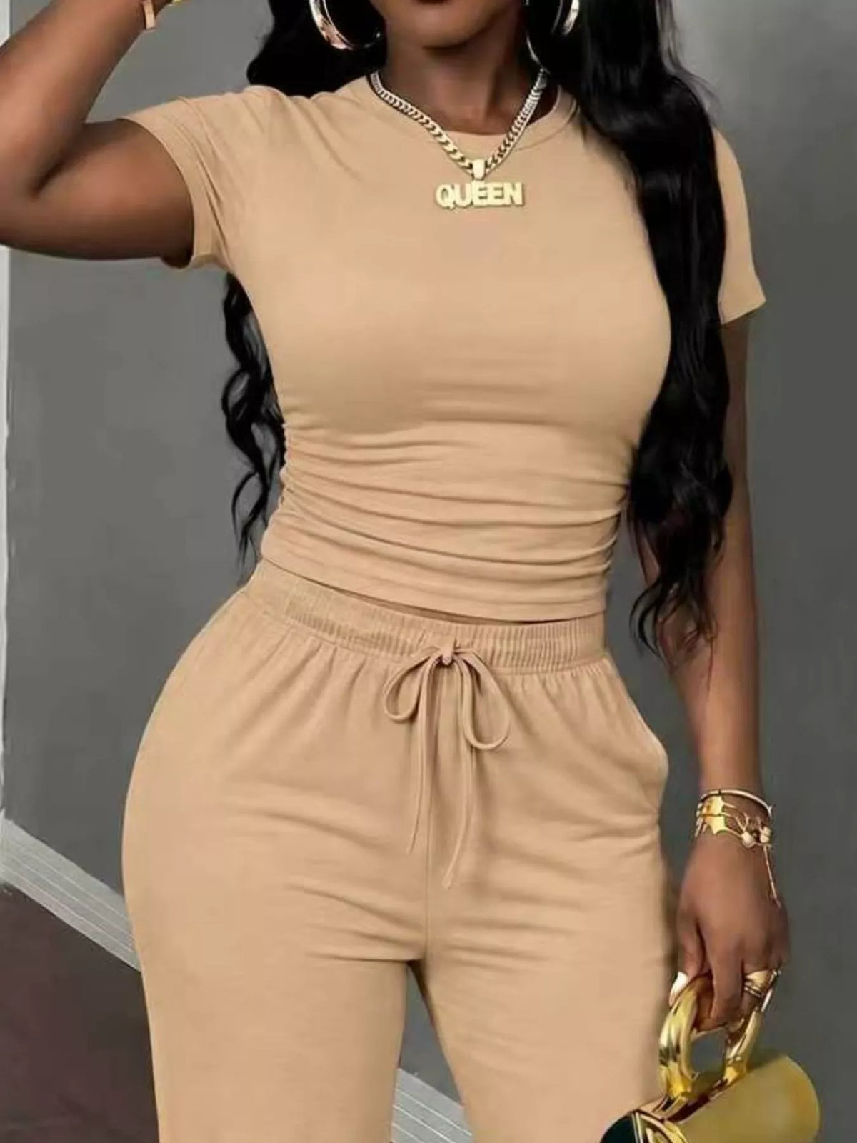 Tan short Sleeve Top and Wide Leg Pants Set — detail view