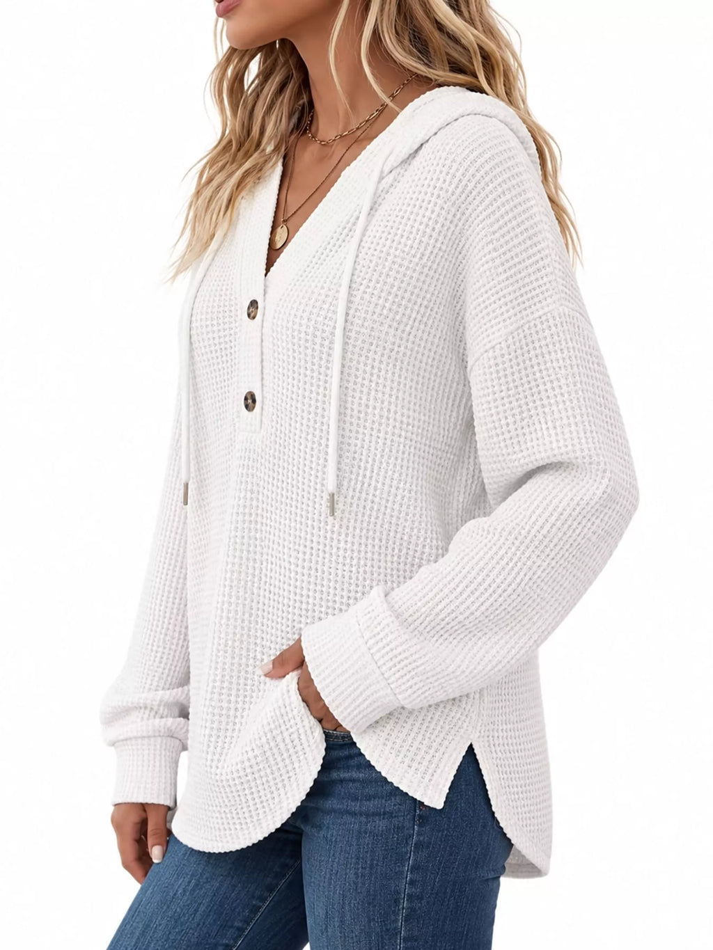 White waffle Knit Button Detail Hoodie