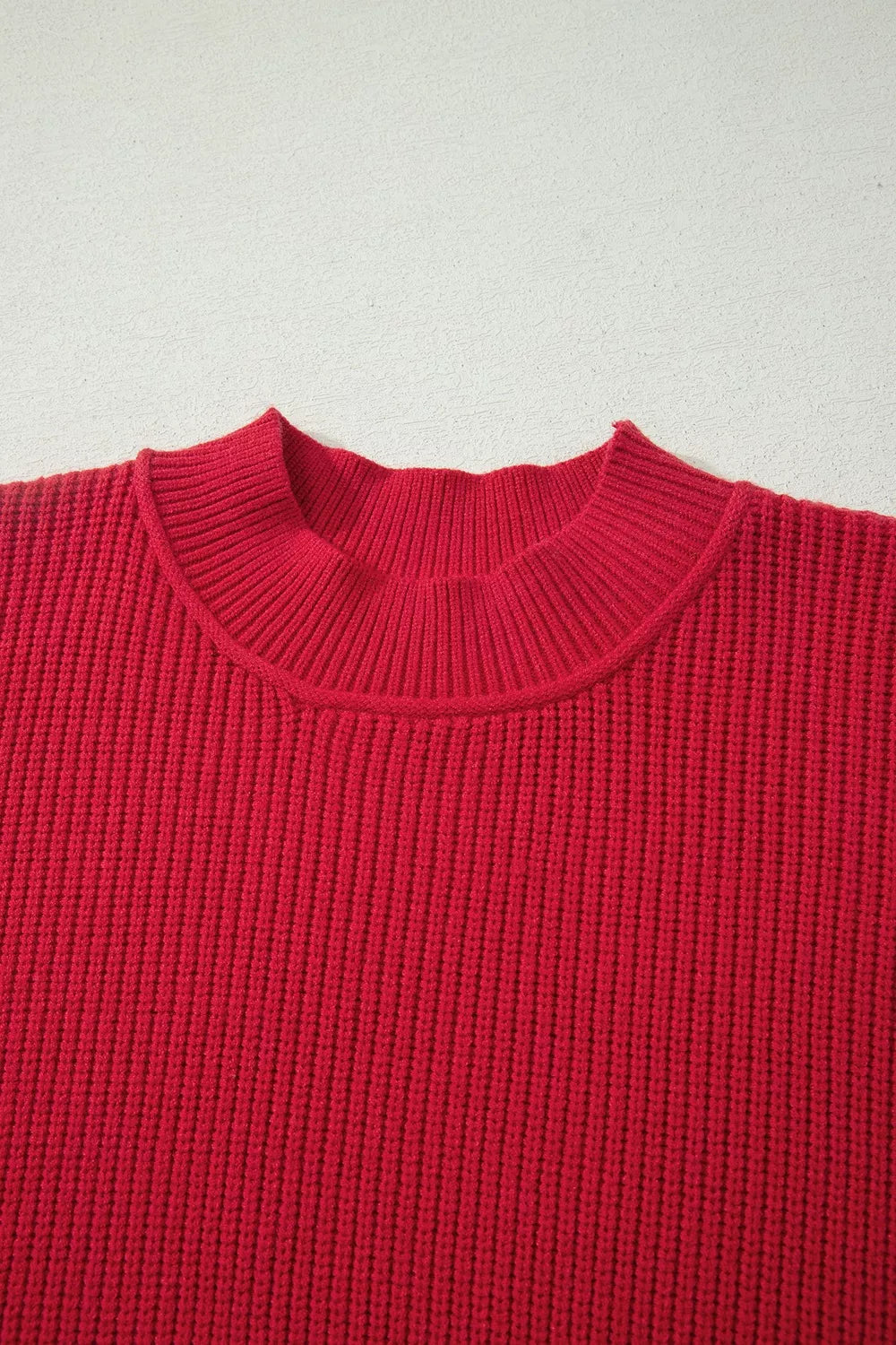 Red long Sleeve Ribbed Knit Stand Neck Sweater — detail view