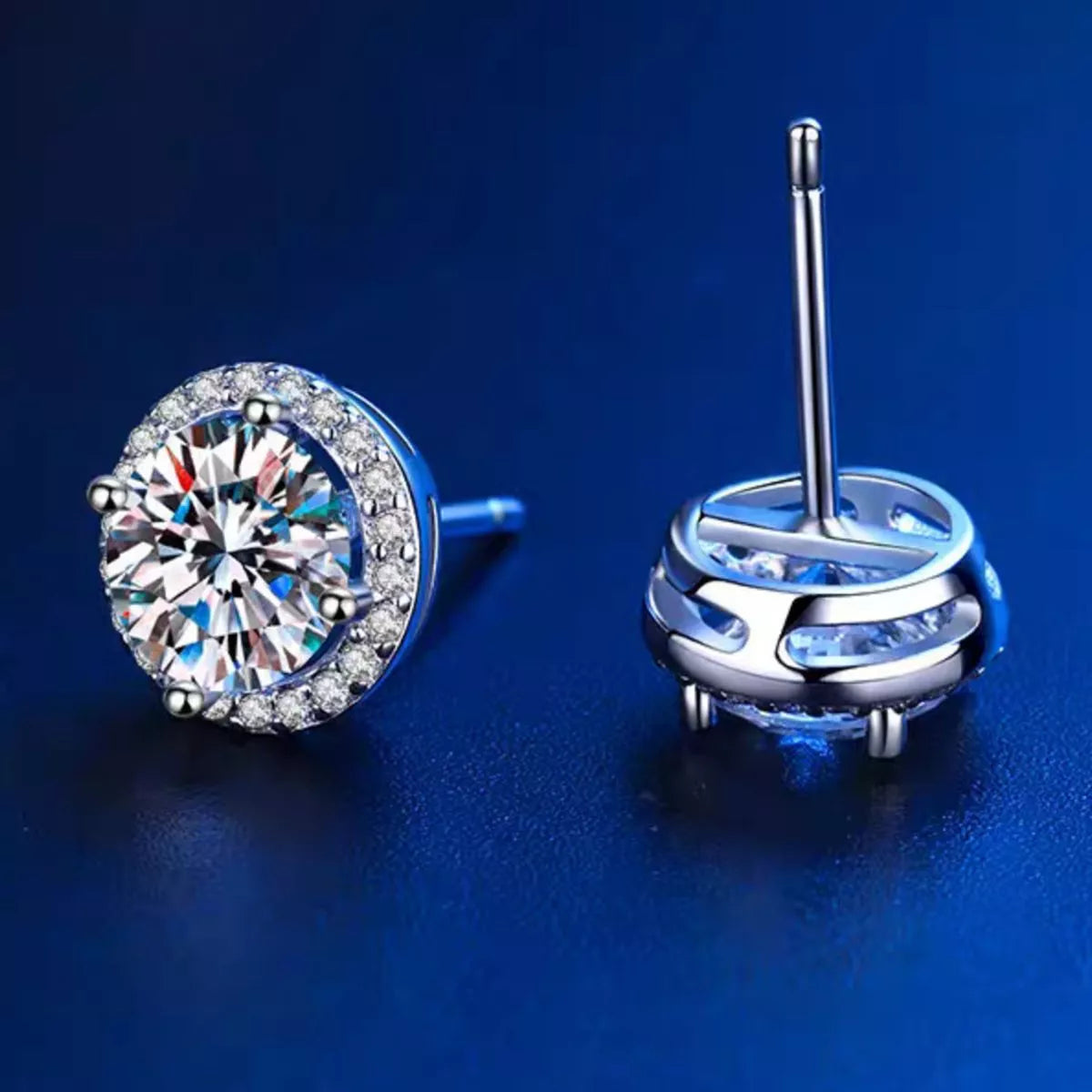 Silver-tone round halo stone stud earrings — detail view