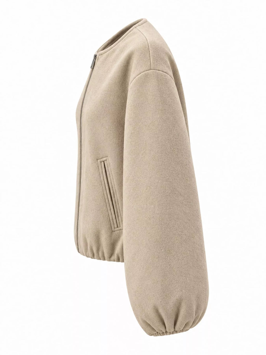 Khaki round-neck zip-up jacket with gathered hem and sleeves, side view.