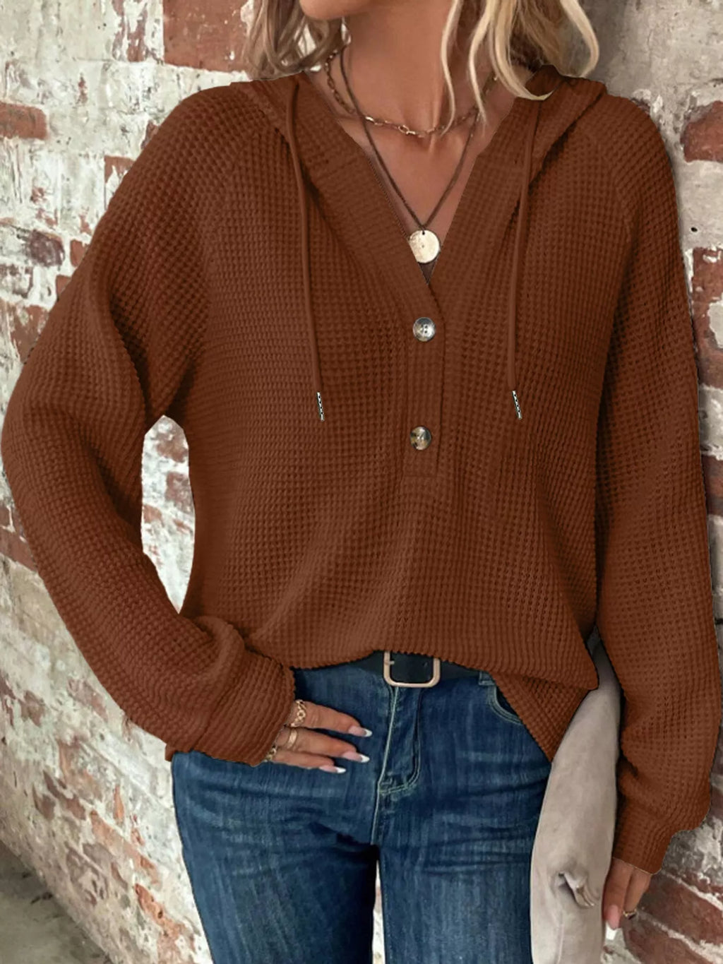 Brown waffle Knit Button Detail Hoodie
