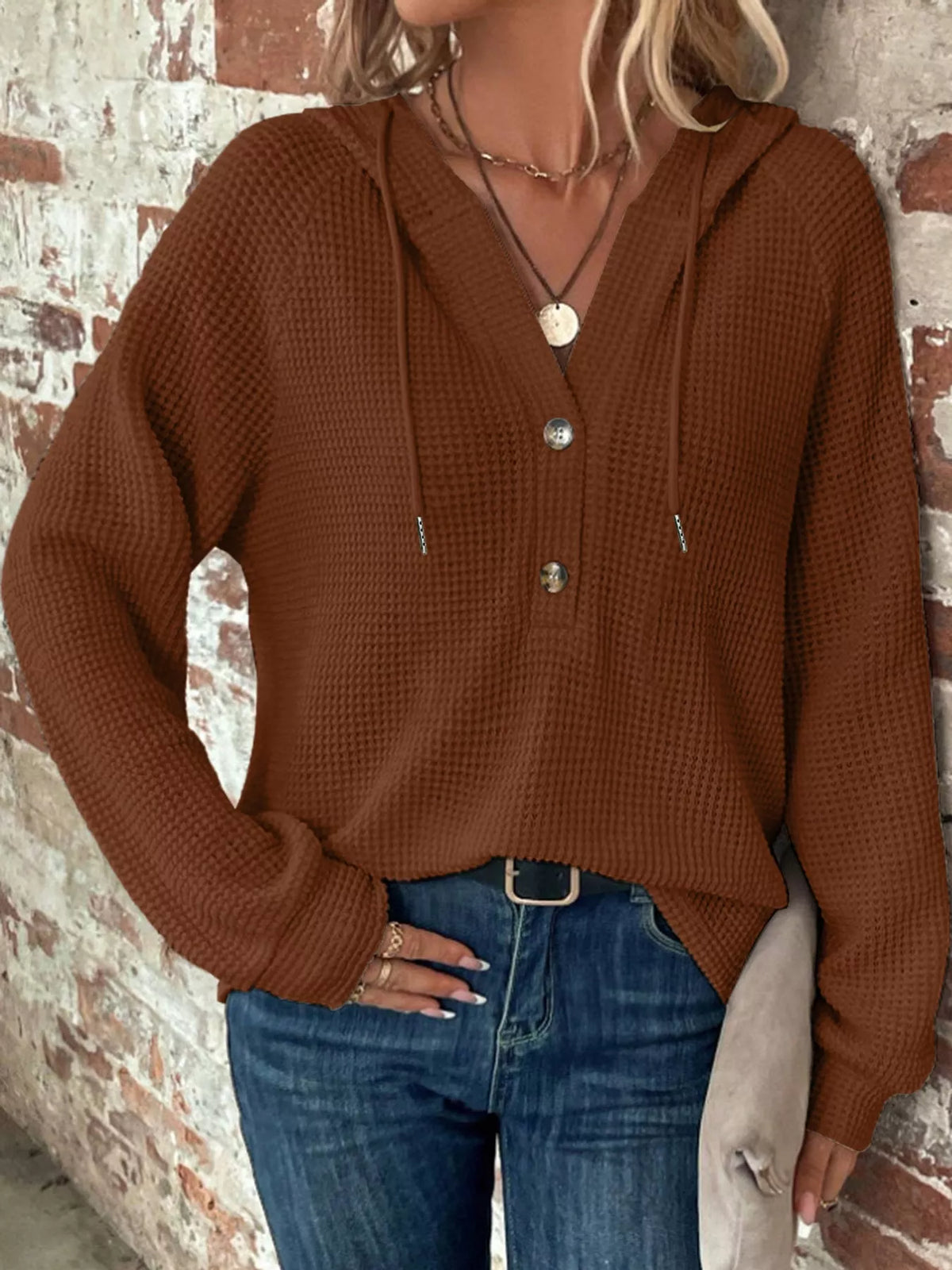 Brown waffle Knit Button Detail Hoodie
