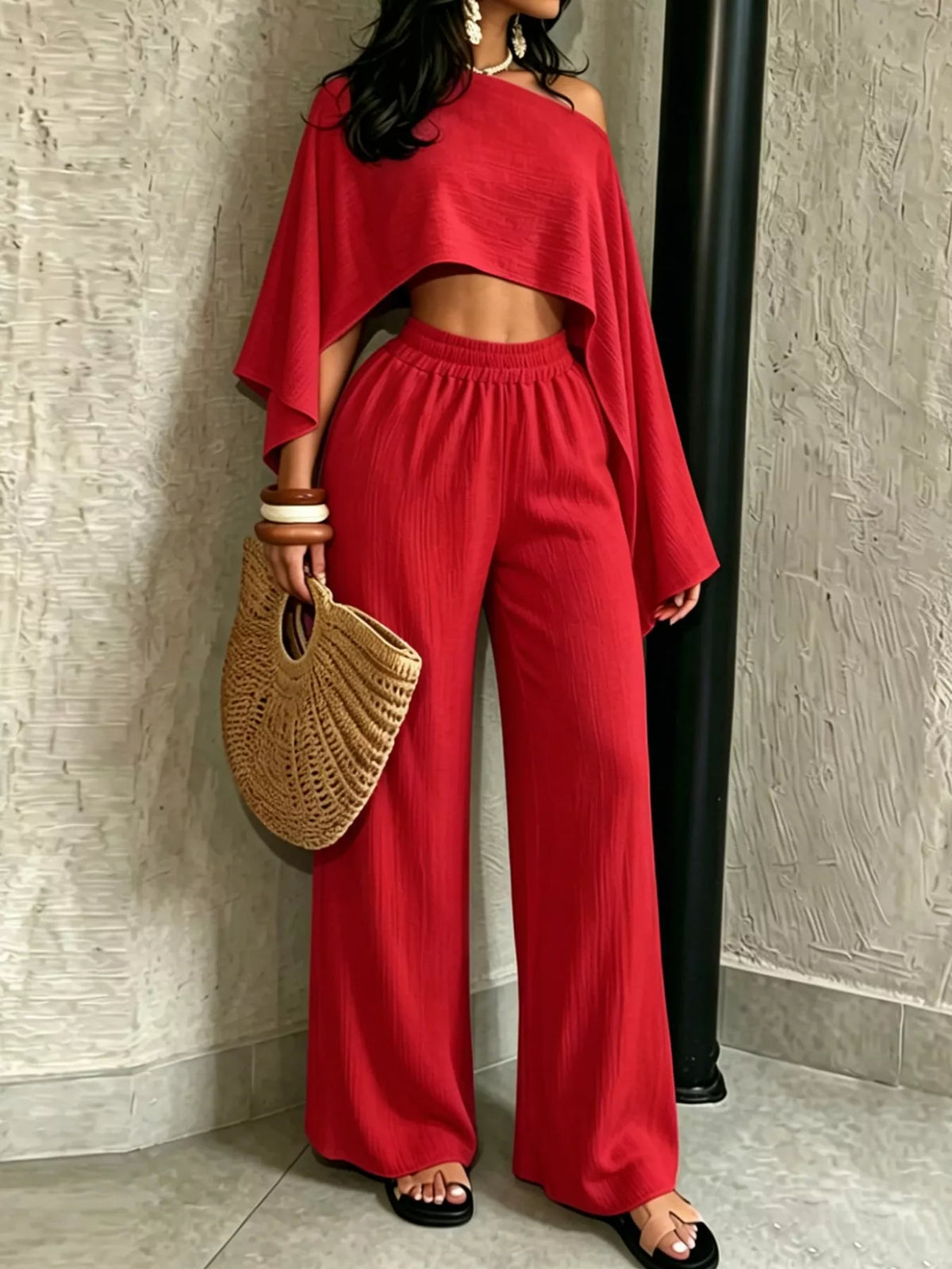 Red boat Neck Crop Top and Wide-Leg Pants Set