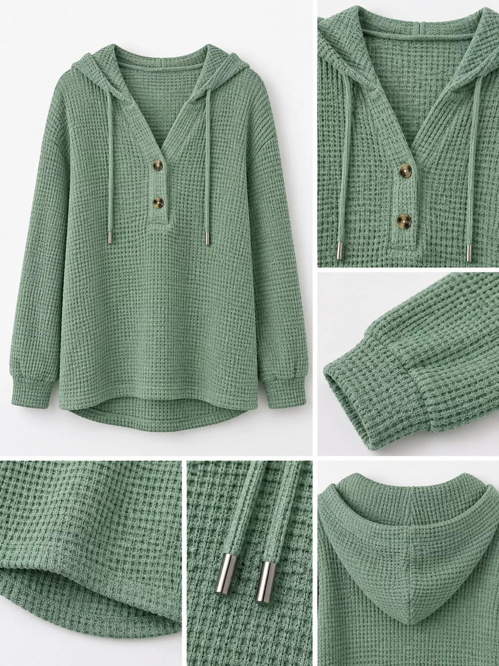 Sage green waffle Knit Button Detail Hoodie — detail view