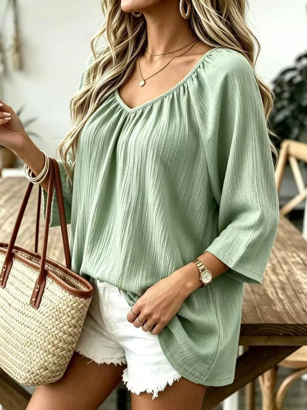 Sage green textured V-Neck T-Shirt