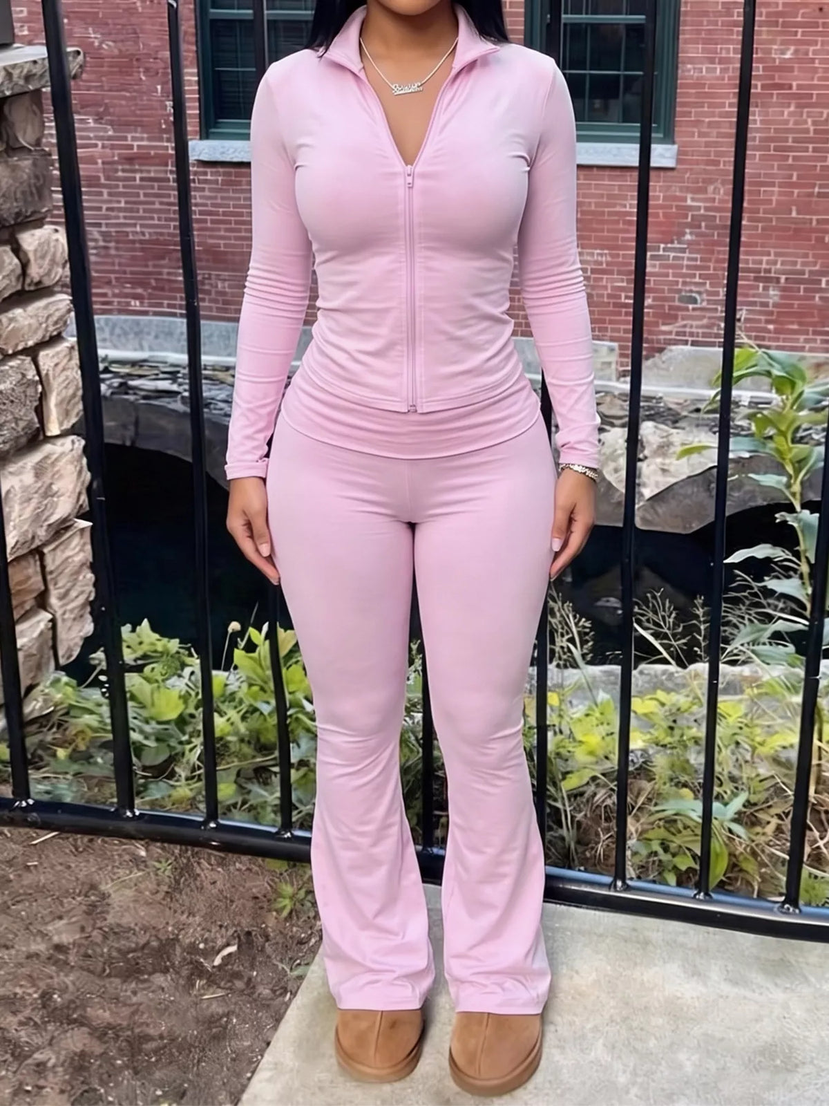 Pink slim Fit Hooded Zip-Up Top and Flared Pants Set — detail view