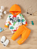 Children’s white dinosaur-print hooded bodysuit and orange pants displayed flat