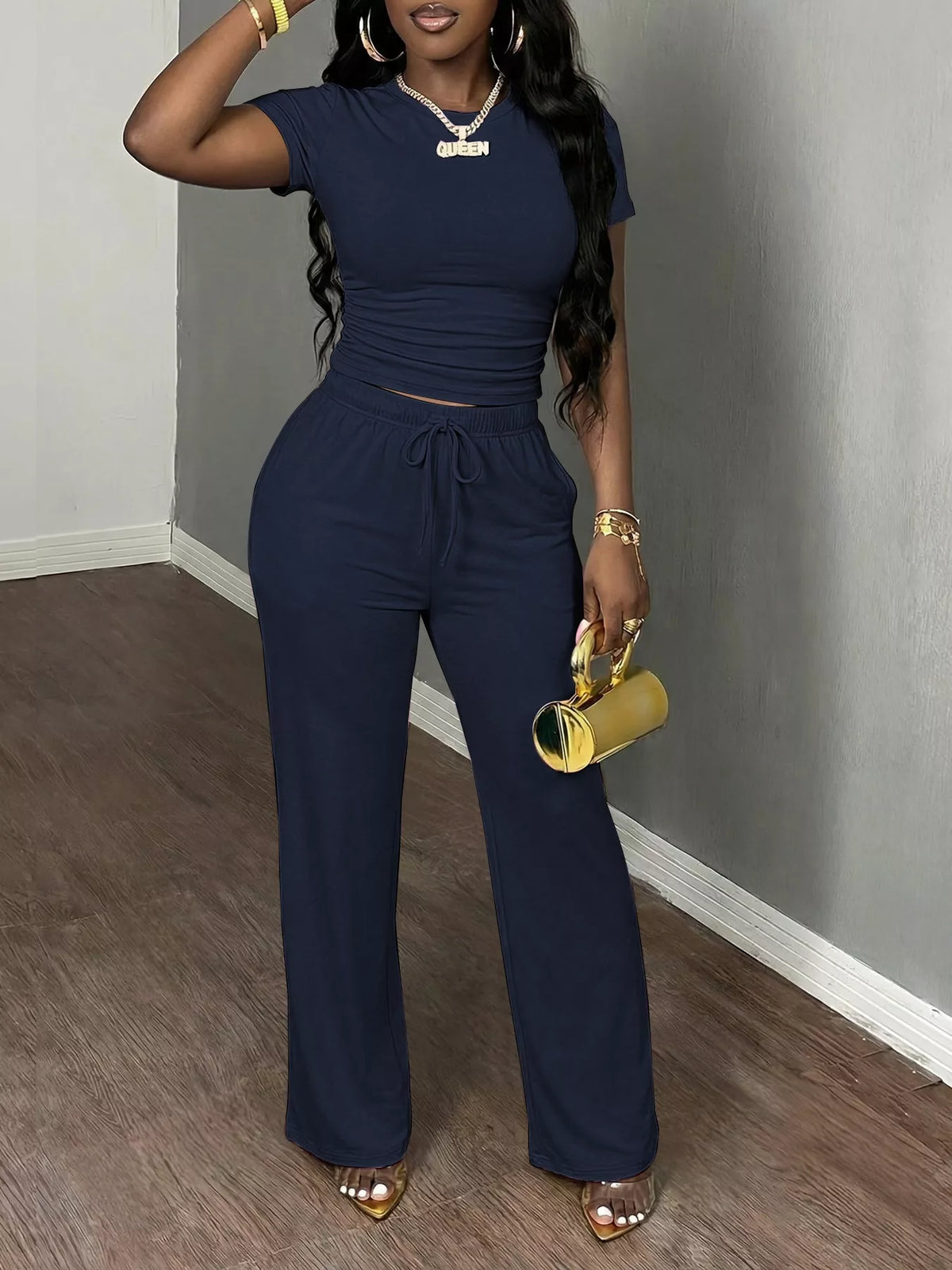 Navy short Sleeve Top and Wide Leg Pants Set