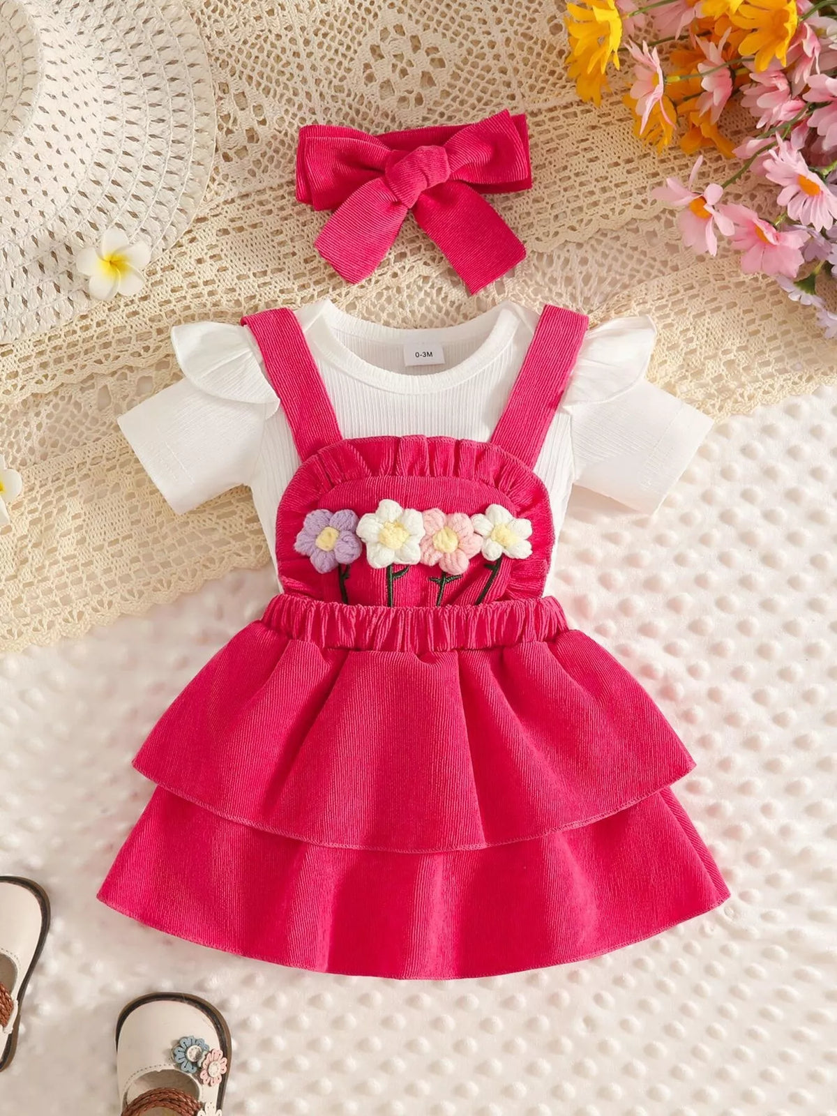 White baby bodysuit with bright pink flower-applique suspender skirt and matching bow headband.