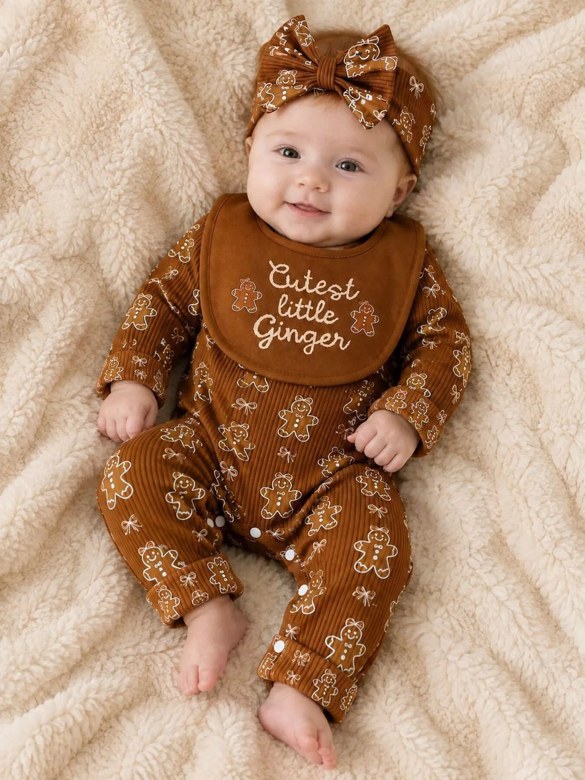 Baby wearing a brown gingerbread-print romper, Cutest Little Ginger bib and matching bow headband.