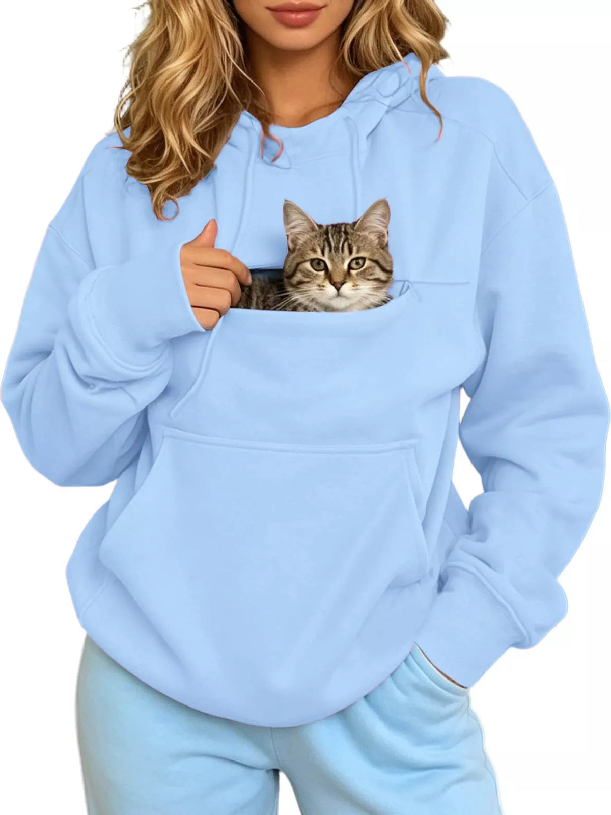 Light blue cat Pouch Drawstring Hoodie