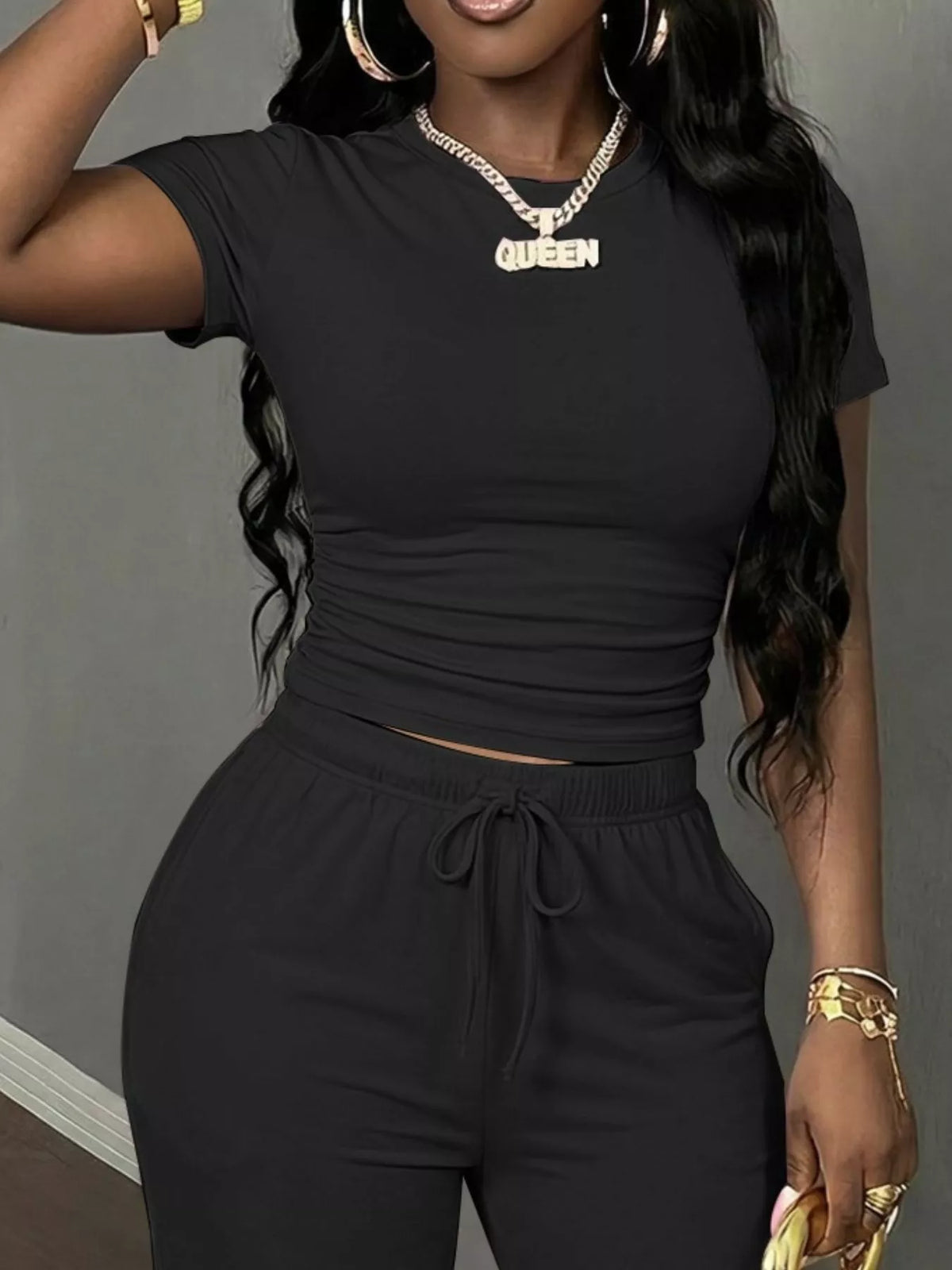 Black short Sleeve Top and Wide Leg Pants Set — detail view