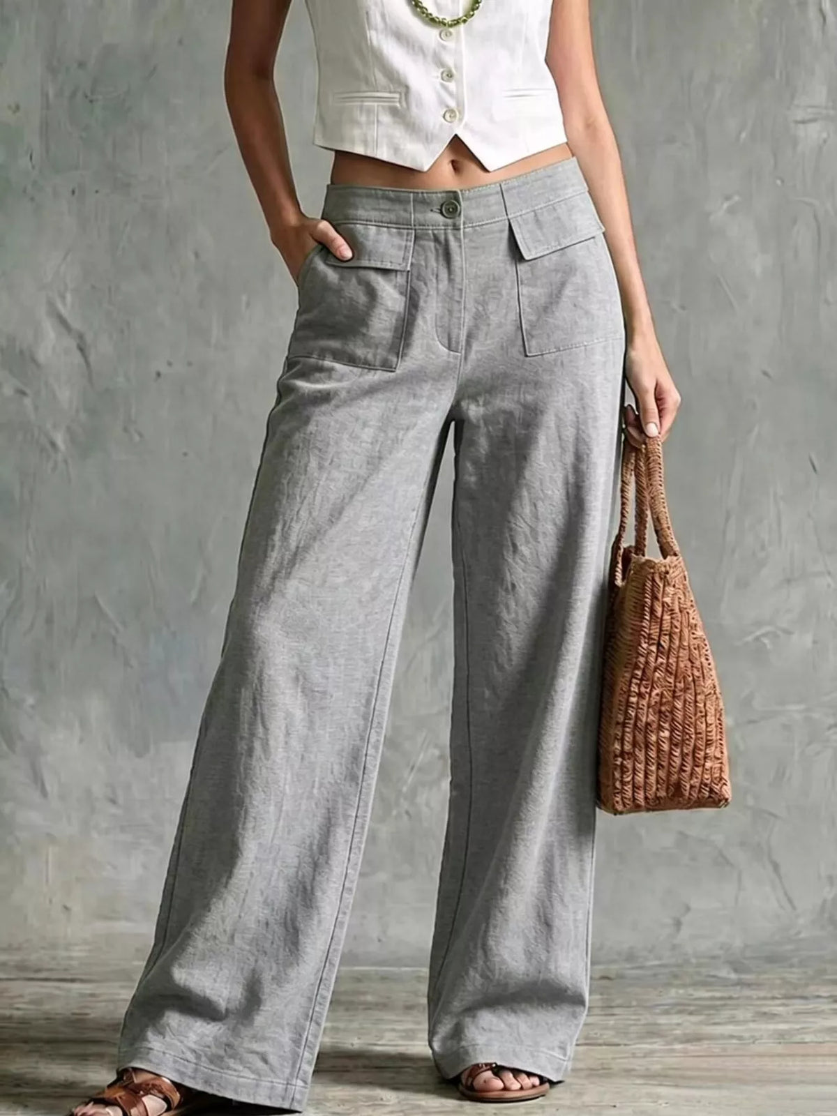 Gray high-Waisted Wide-Leg Cargo Pants