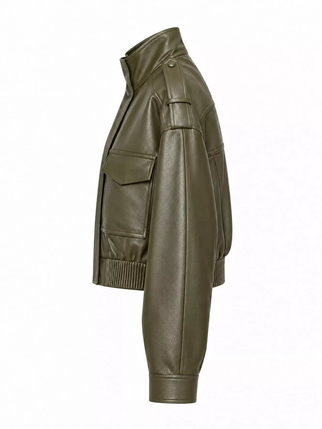 Side view of the army-green faux-leather bomber jacket.