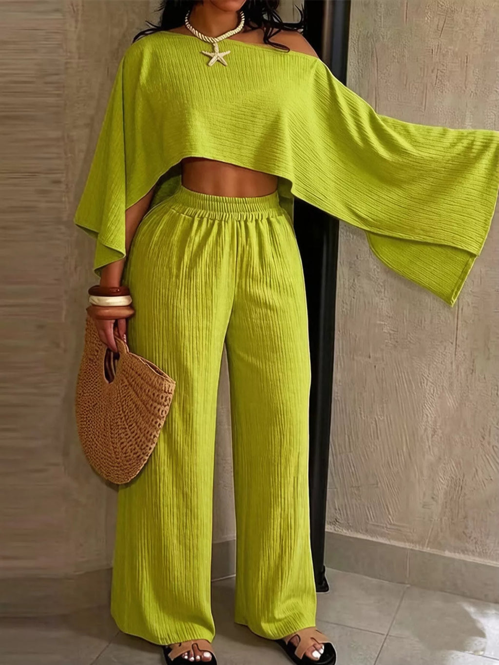 Lime green boat Neck Crop Top and Wide-Leg Pants Set