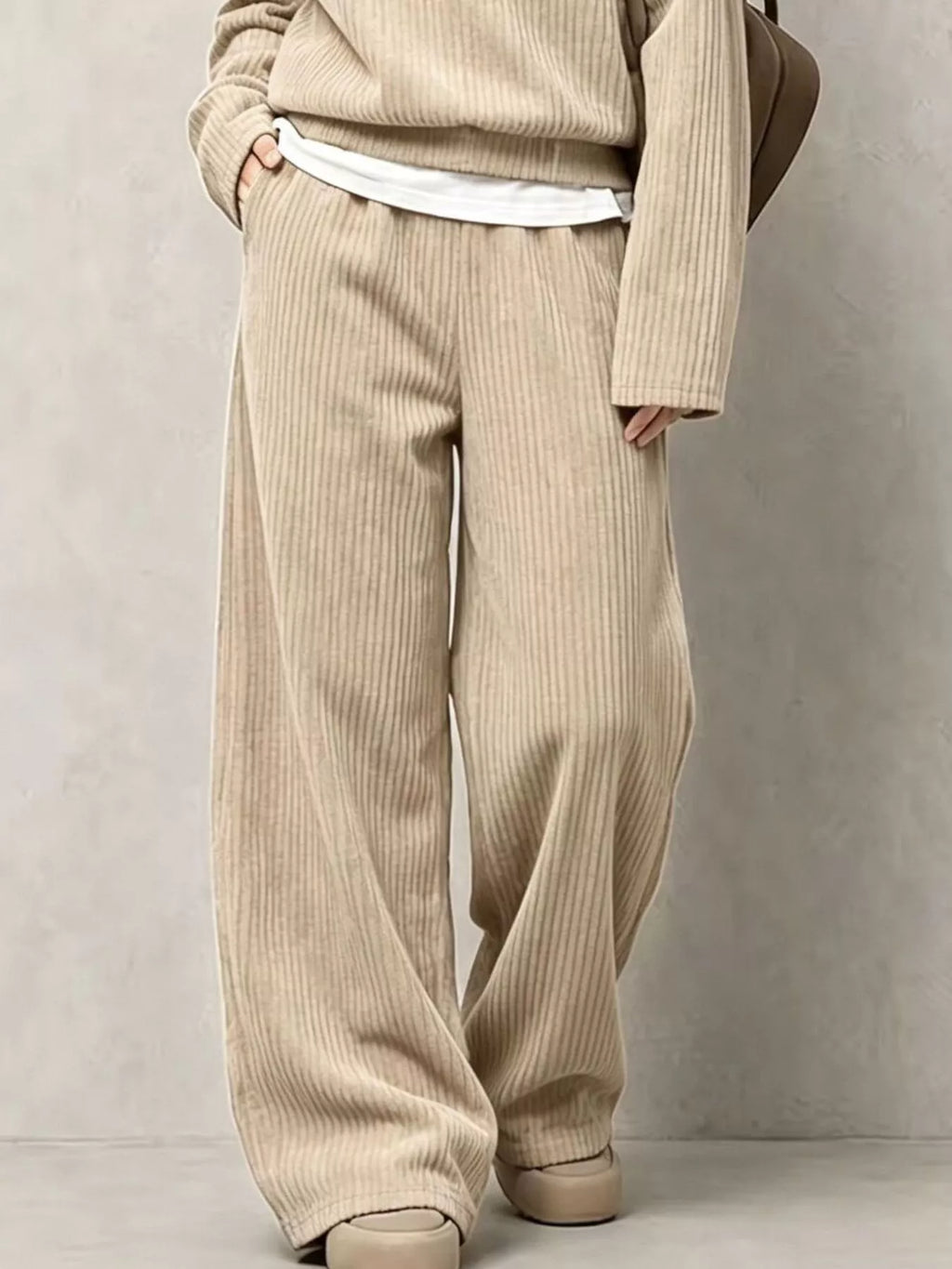 Beige corduroy Button Detail Top and Wide-Leg Pants Set — detail view