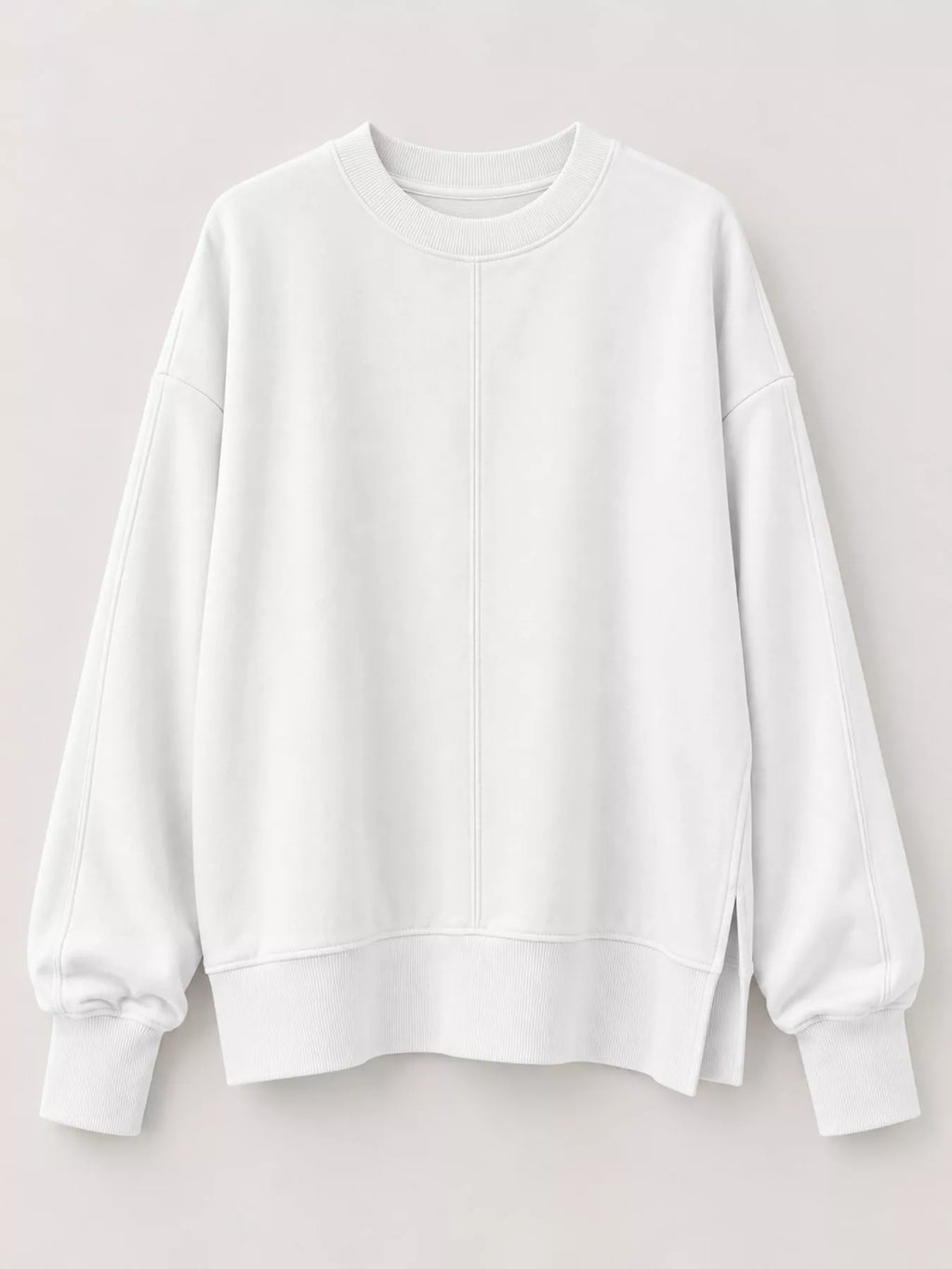 White oversized Crew Neck Sweatshirt with Side Slit