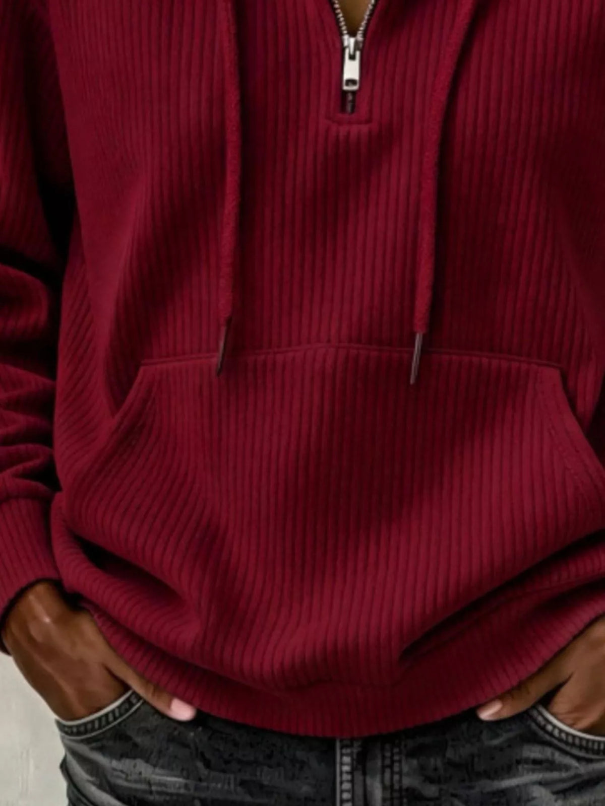 Burgundy ribbed Knit Quarter-Zip Hoodie — detail view