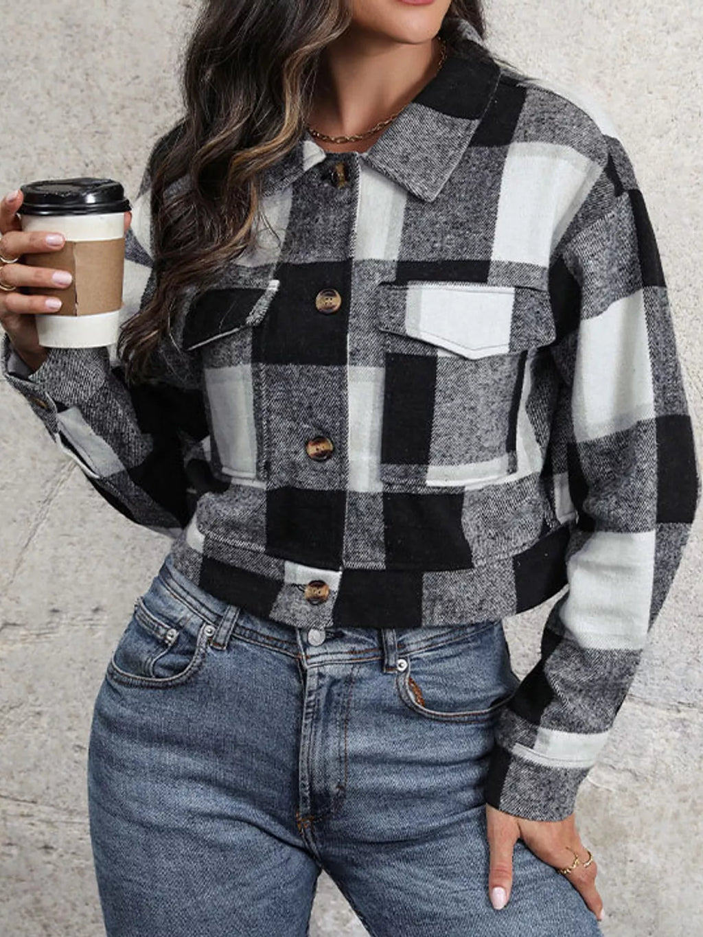 Gray color-block plaid cropped jacket with flap chest pockets, front view.