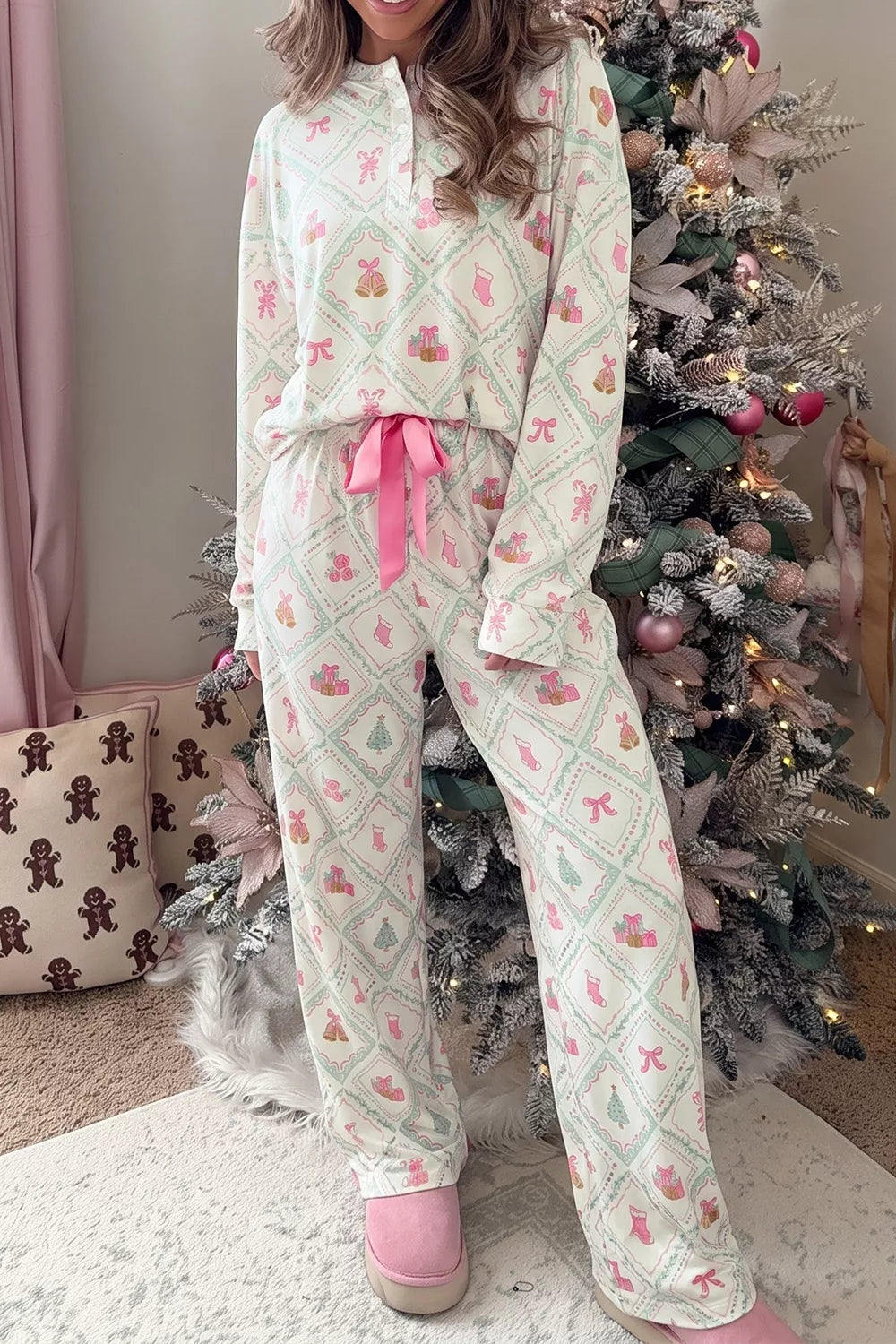 White long Sleeve Patchwork Shift and Pants Christmas Daily Wear Lounge Set
