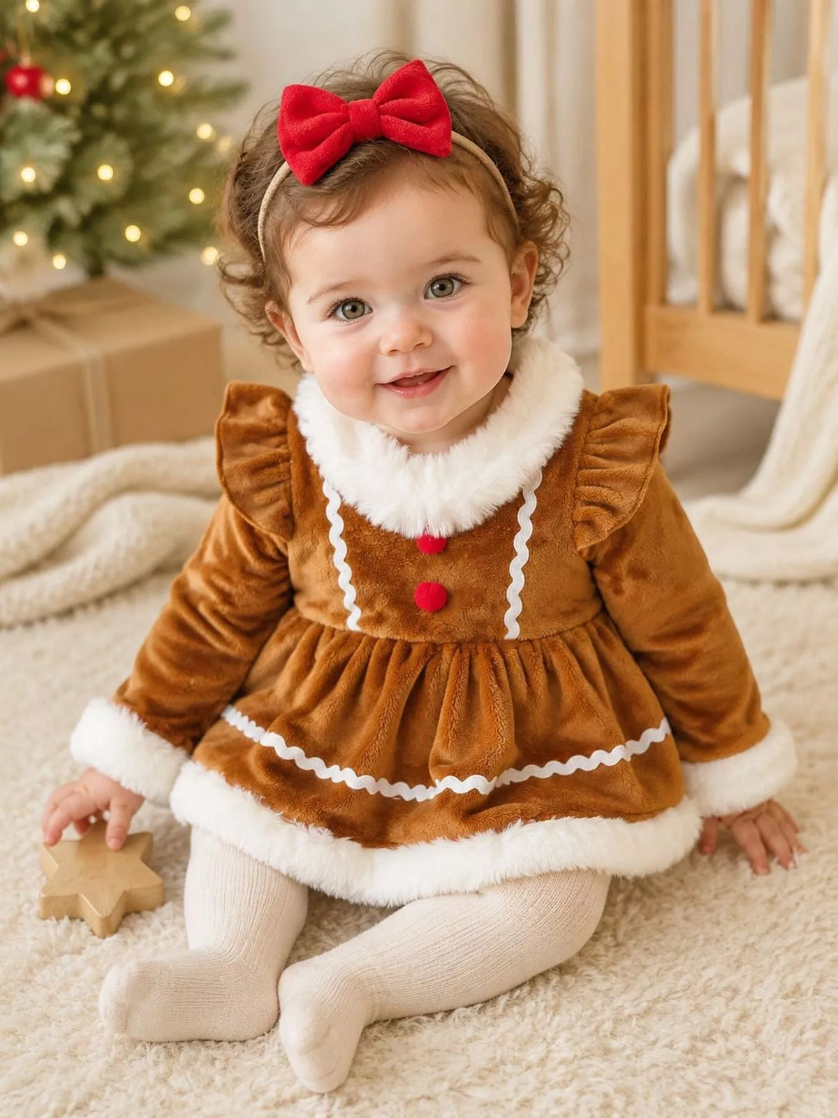 Seated baby wearing a brown gingerbread-style dress with white trim and red bow headband.