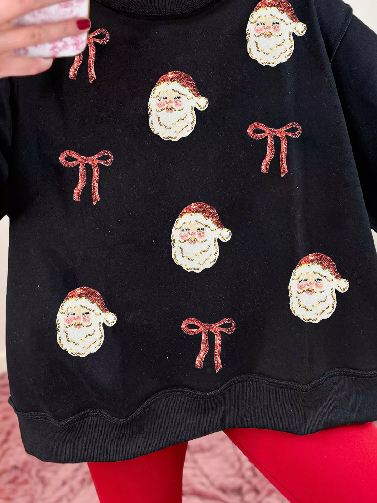 Black sequin Santa Bow High Neck Sweatshirt — detail view
