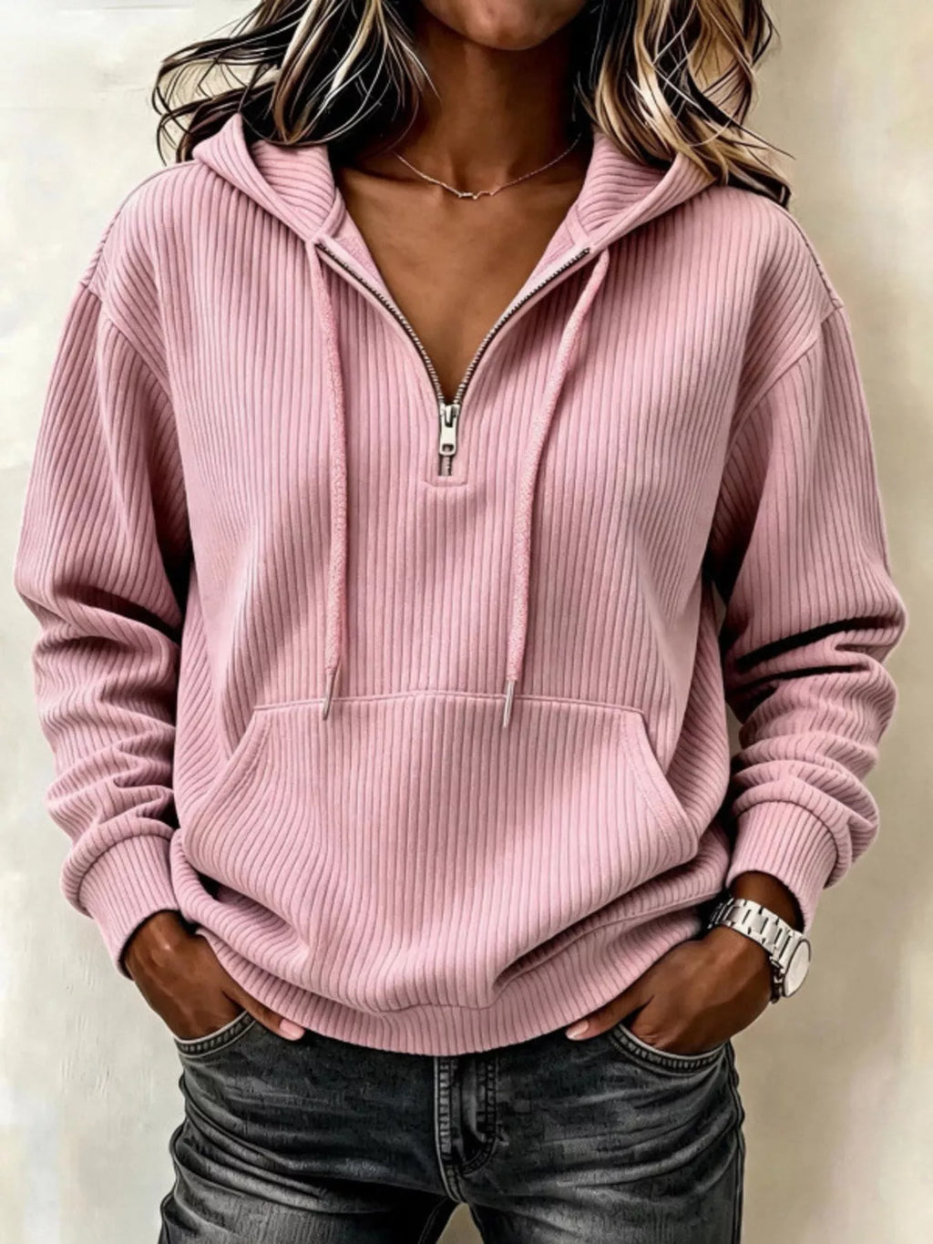 Pink ribbed Knit Quarter-Zip Hoodie