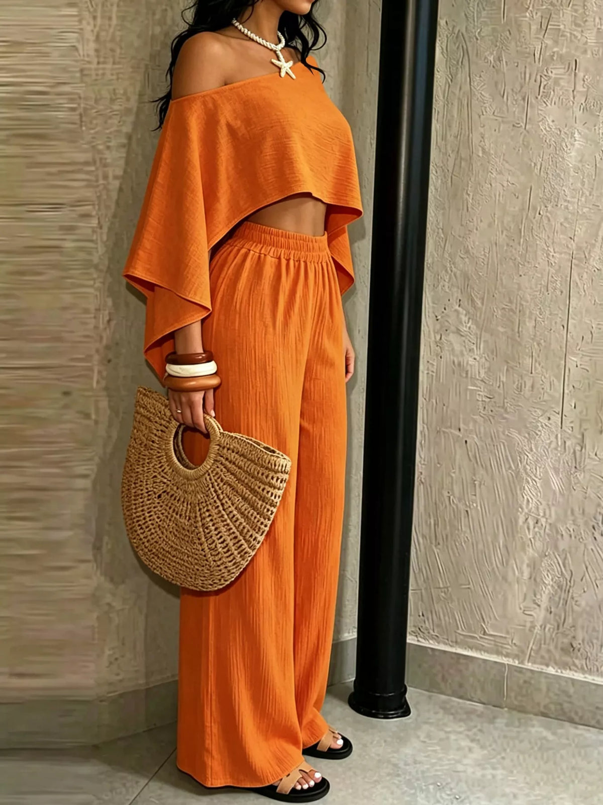 Orange boat Neck Crop Top and Wide-Leg Pants Set