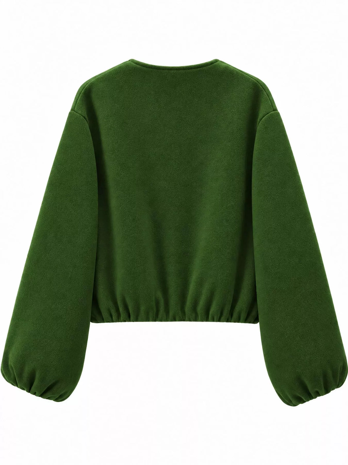 Grass-green round-neck zip-up jacket with gathered hem and sleeves, back view.