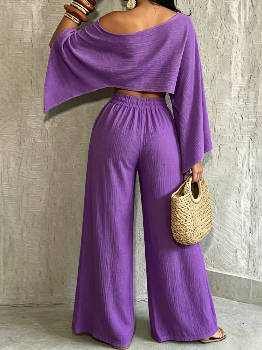 Purple boat Neck Crop Top and Wide-Leg Pants Set — detail view