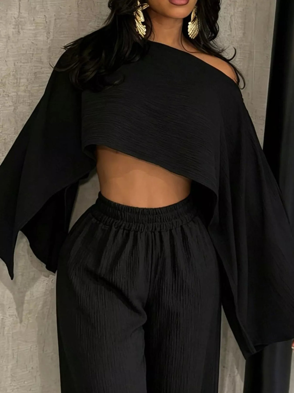 Black boat Neck Crop Top and Wide-Leg Pants Set — detail view