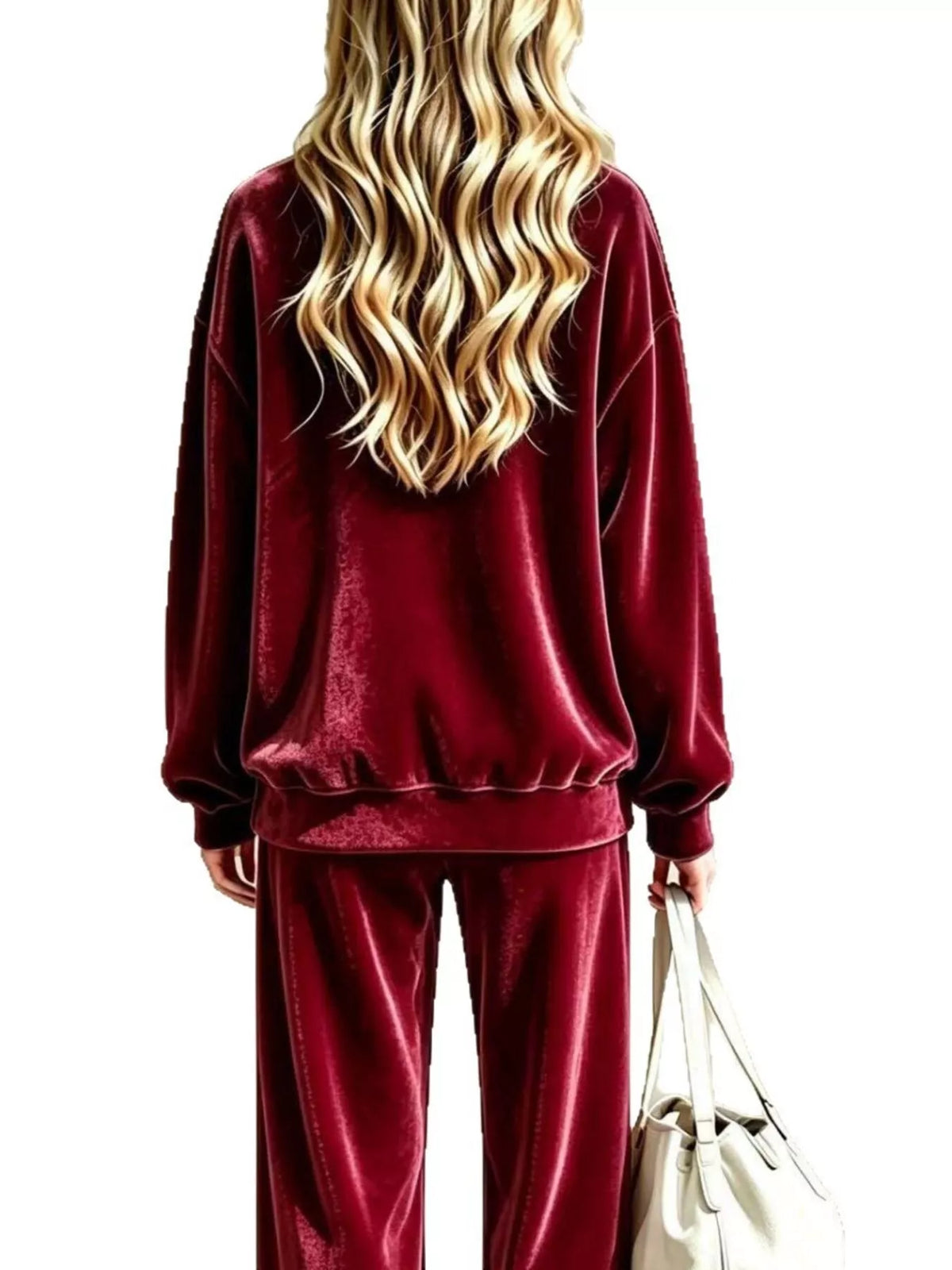 Burgundy dropped Shoulder Velvet Top and Wide Leg Pants Set — back view