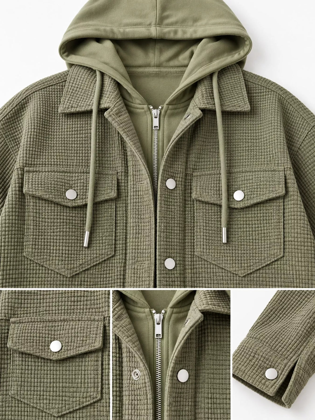 Collage of the green jacket's hood, collar, zipper, chest pockets and cuff.