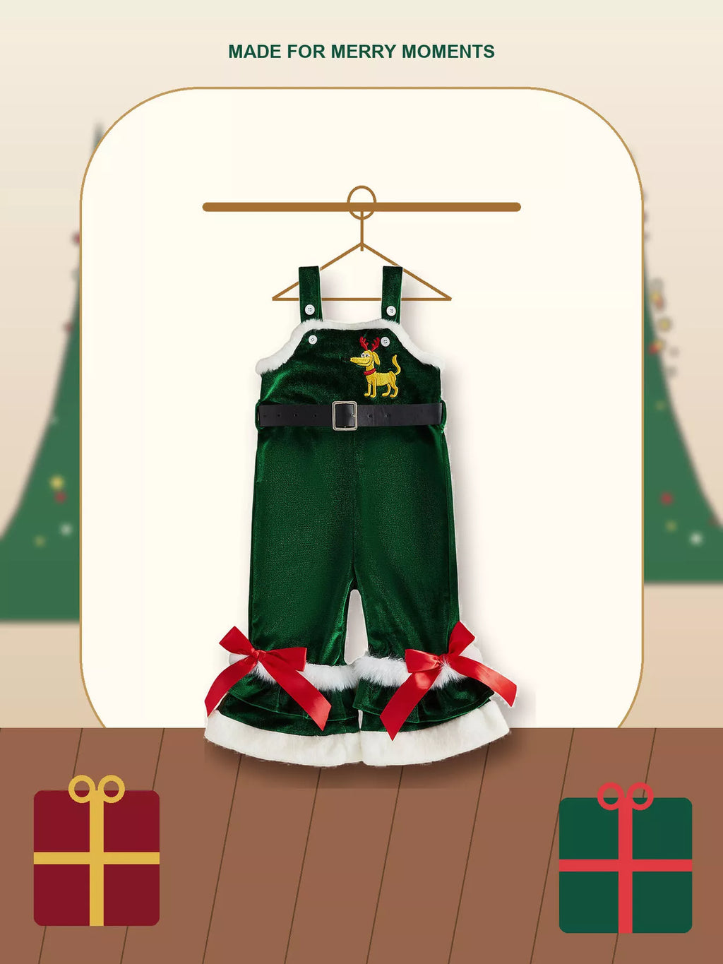 Green Santa Baby overalls on a hanger with contrasting red bows at the legs.