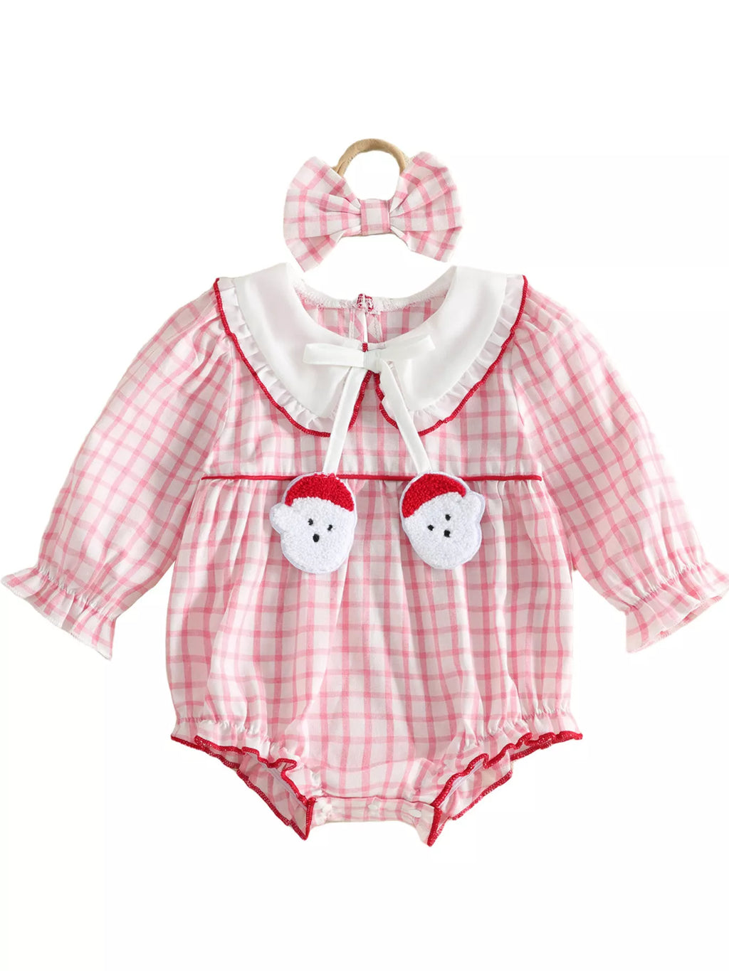 Children’s pink gingham long-sleeve bodysuit with a white collar and matching bow headband displayed flat