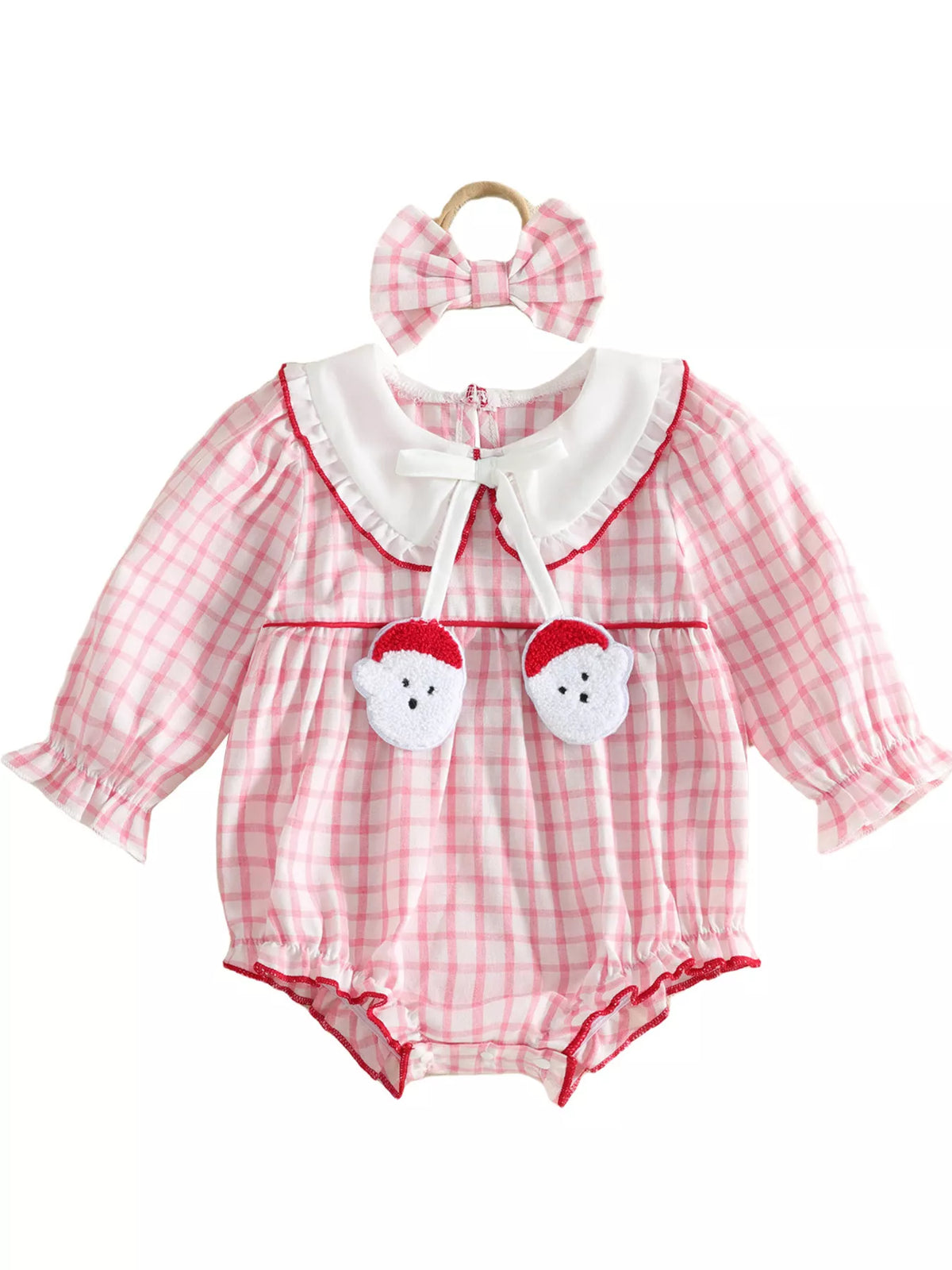 Children’s pink gingham long-sleeve bodysuit with a white collar and matching bow headband displayed flat