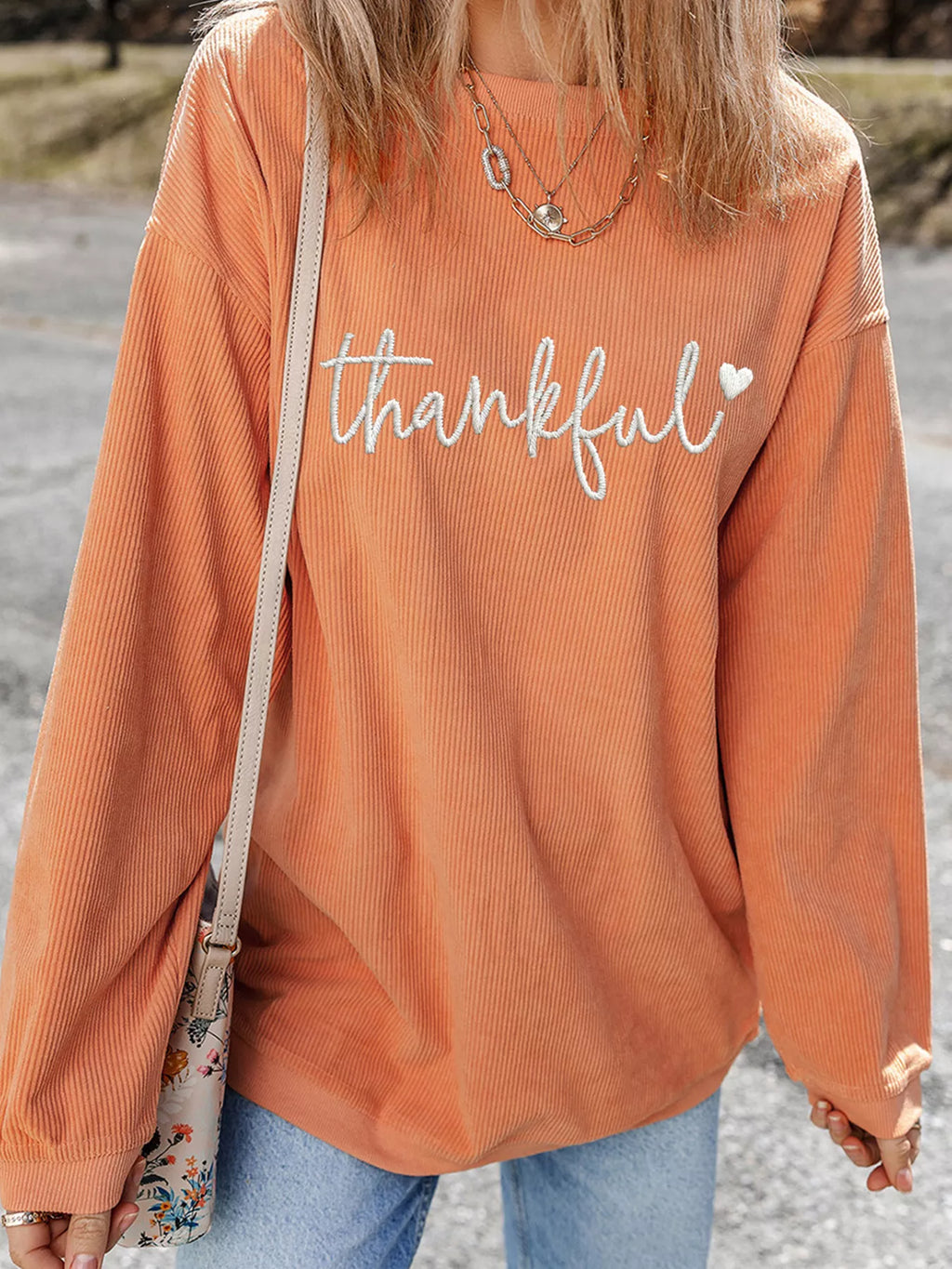 Orange thankful Embroidered Corded Crewneck Sweatshirt