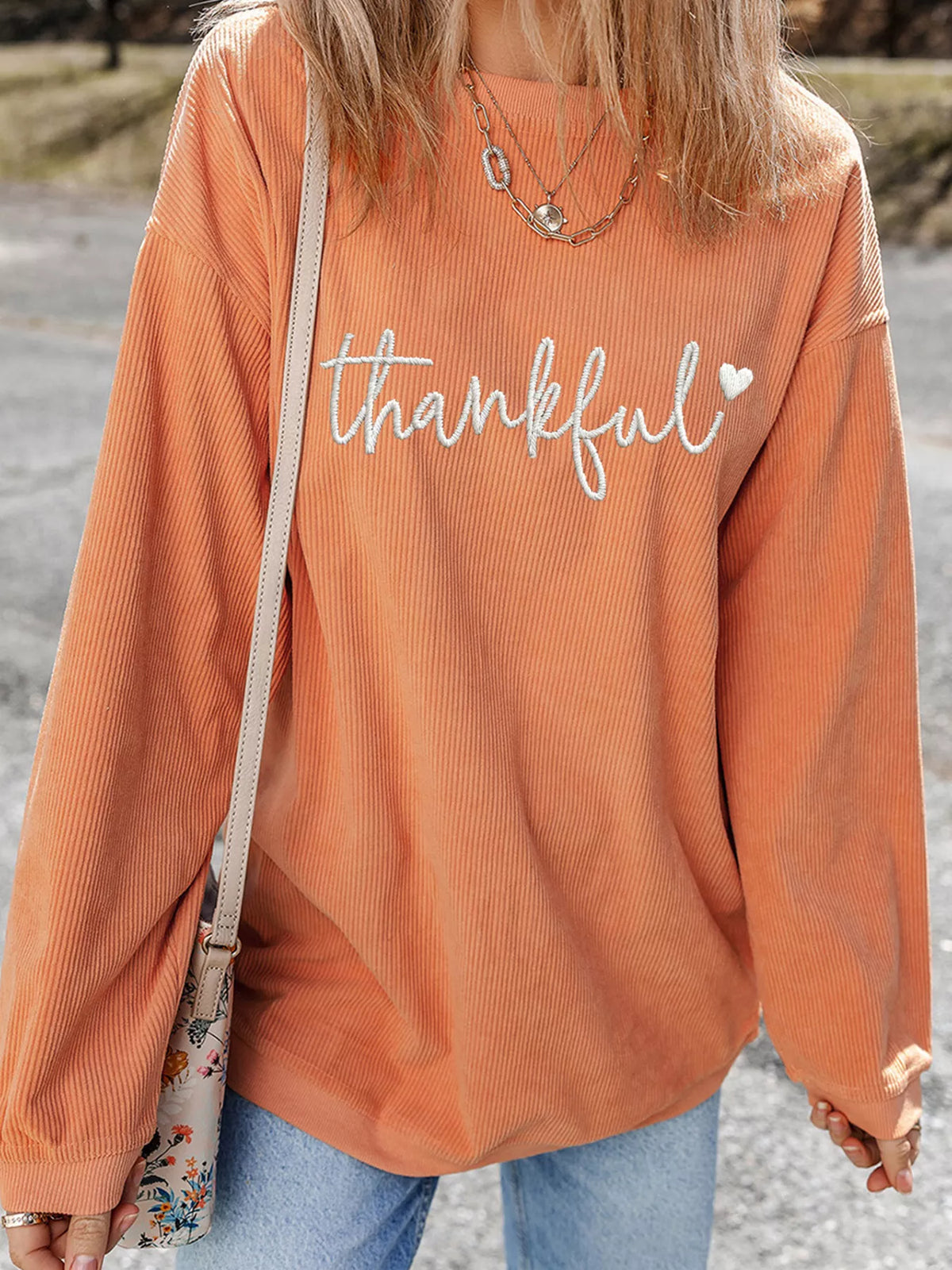 Orange thankful Embroidered Corded Crewneck Sweatshirt
