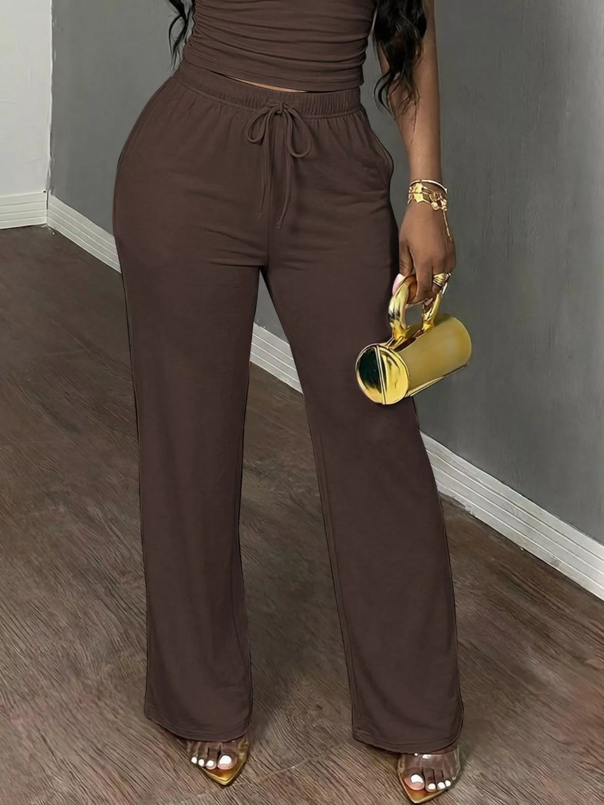 Brown short Sleeve Top and Wide Leg Pants Set — detail view
