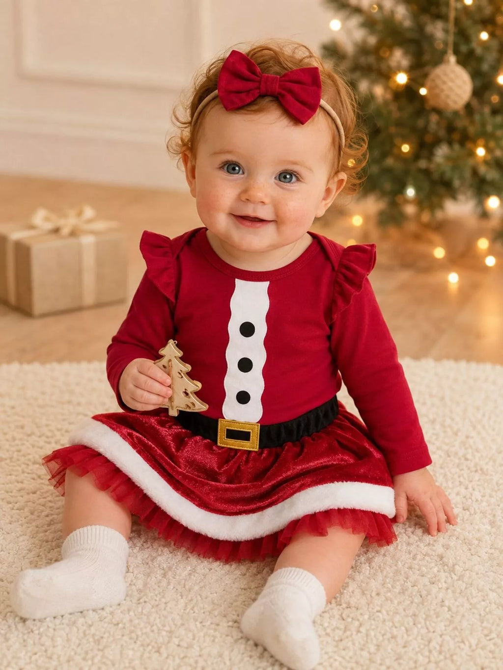 Baby wearing a red Santa-style bodysuit, red skirt with white trim and red bow headband.