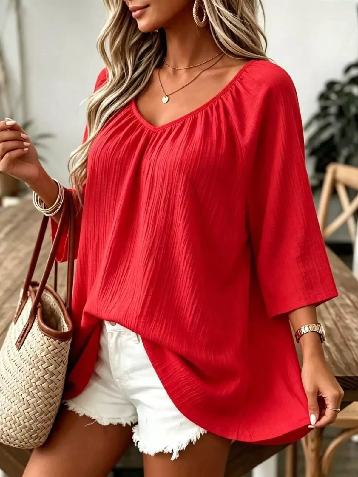 Red textured V-Neck T-Shirt
