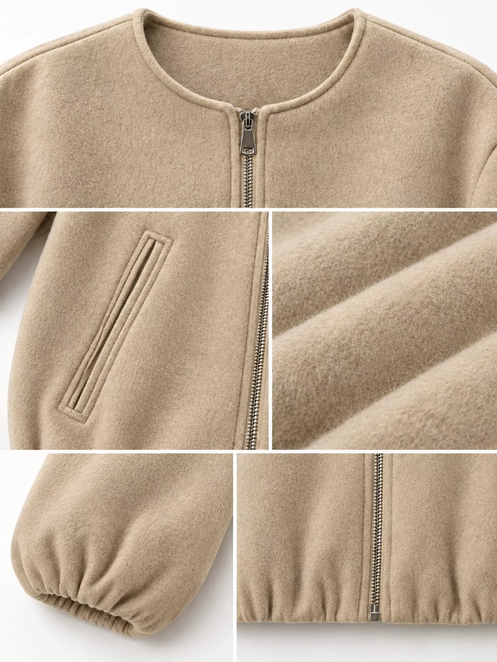 Collage of the khaki jacket's round neckline, zipper, pocket, fabric, cuff and gathered hem.