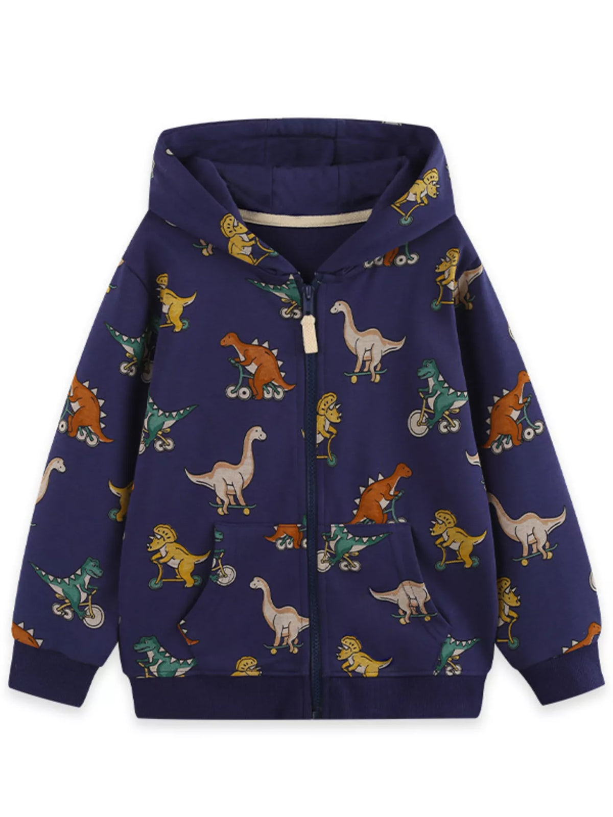 Front product view of the navy dinosaur-print zip-up hooded jacket.