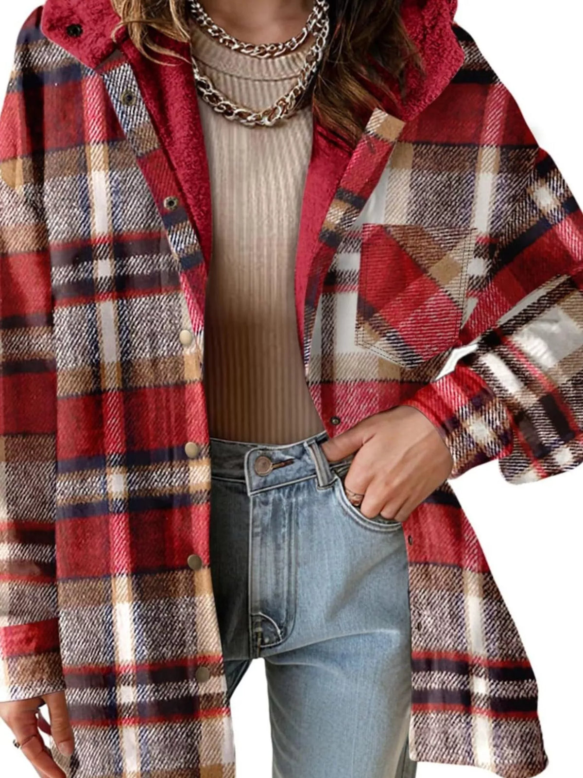 Red plaid hooded jacket worn open, front view.