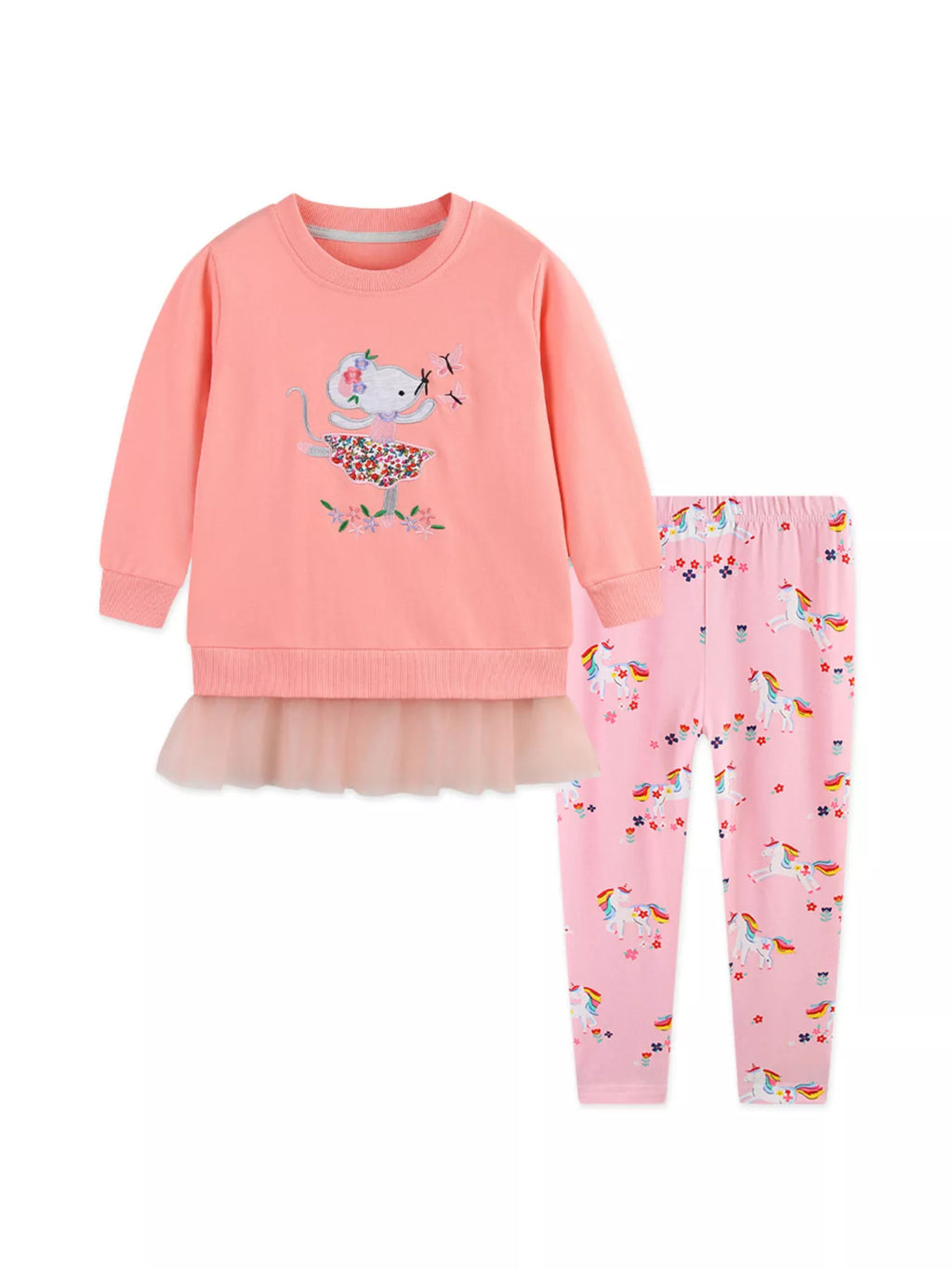 Coral embroidered sweatshirt with ruffle hem and pink printed leggings displayed flat