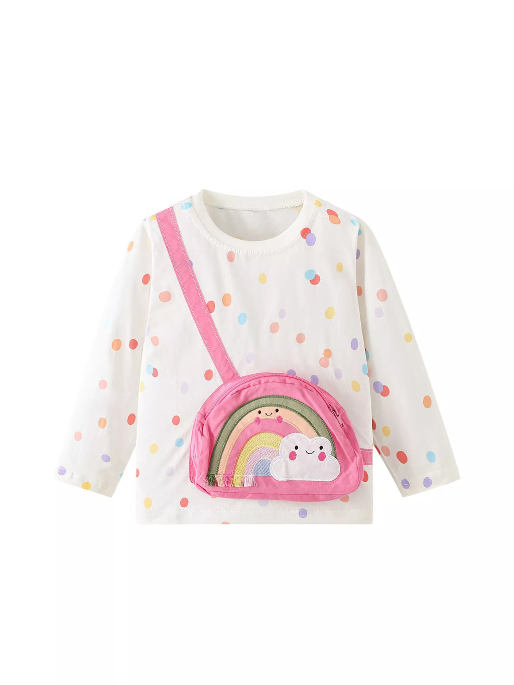 Children’s white multicolor polka-dot long-sleeve top with a pink rainbow bag applique displayed flat