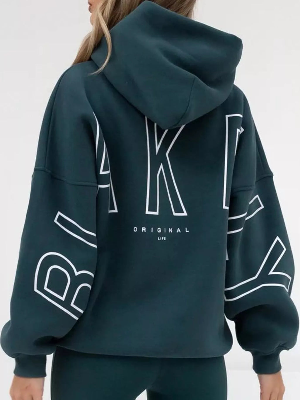 Teal letter Back Hoodie with Kangaroo Pocket — back view