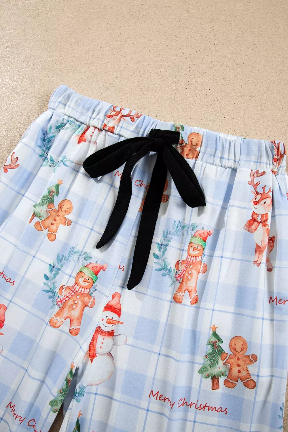Light blue plaid Cartoon Christmas Pattern Shirt Top 2pcs Pajama Set — detail view